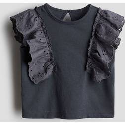 H&M Frill-trimmed Cotton Top - Grey