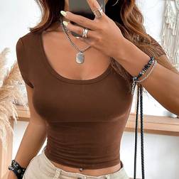 Shein Lässiges Rundhals und Ärmelfitted T-Shirt - Braun
