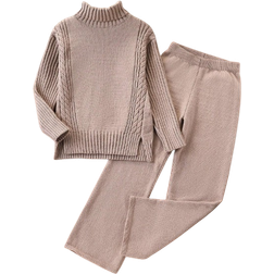 Shein 2pcs/Set Tween Girl Casual Oversized Sweater & Wide-Leg Pants Suit, Loose Hem Split Knitted Pullover And Trousers, Autumn