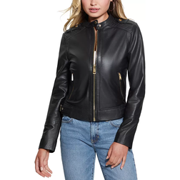 Guess Women's Quilted Shoulder Leather Moto Coat - Jet Black