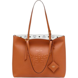 MCM Himmel Shopper In Embossed Logo Medium Bag - Cognac