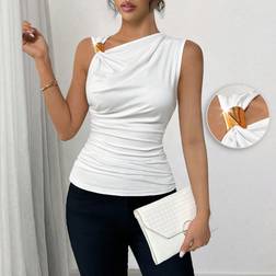 Shein Women's Elegant Asymmetric Sleeveless Crop Vest Top, Draped Neck, White Knit Fabric With Elastic Gold Metallic Color Block