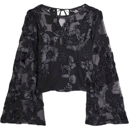 River Island Long Sleeve Sheer Floral Crop Top - Black