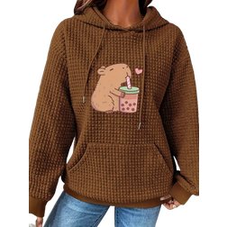 Temu Dusty Capybara Print Waffle Knit Hoodie - Caramel