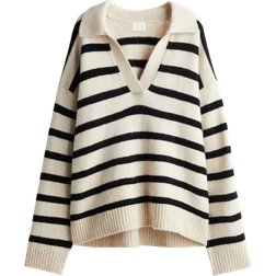 H&M Fine Knit Collared Jumper - Cream/Striped