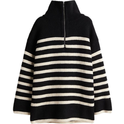 H&M Ribbed Sweater with Zipper - Black/Striped