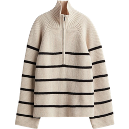 H&M Zip Top Rib Knit Jumper - Light Beige/Striped