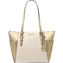 Michael Kors Charlotte Large Signature Logo And Metallic Top Zip Tote Bag - Pale Gold