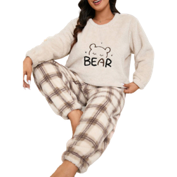 Shein Plus Size Women's Fleece Pajamas Set, Winter Dotted Pattern Embroidered Bear Decor Crew Neck Lounge Wear