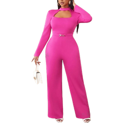 Shein BamGleam Shien Slayr Stretch Round Neck Long Sleeves Jumpsuit-Magenta