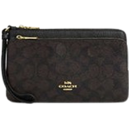 Coach Double Zip Wallet In Signature Canvas - Gold/Walnut/Black