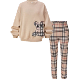 Shein Tween Girls Casual Sporty Academia Trend Bear Embroidery Loose Drop Shoulder Warm Thermal Lined Pullover Sweatshirt and Plaid Leggings Set, Khaki