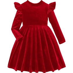 Shein Little Girls Solid Red Velvet Knit A-line Dress with Ruffle Trim Elegant Long Sleeve Cake Dress Great for Casual Daily Wear to School in Fall Winter Christmas Party