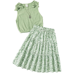 Shein Tween Girl Bow Patched Top And Ditsy Floral Skirt