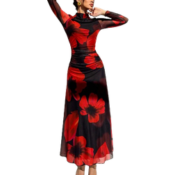 Shein Aloruh New Autumn/Winter Red Tie Dye Floral Mesh Print Party Long Sleeve Fitted Dress For Vacation