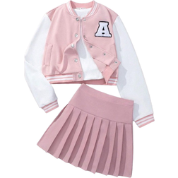 Shein Teen Girls Letter Embroidery Baseball Jacket And Pleated Skirt Set