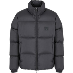 Emporio Armani Full ZIP Nylon Down Jacket with Rubber Logo Patch - Black