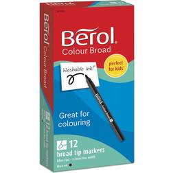 Berol filtspids farvetuscher, bred spids (1,2mm) vaskbar, sort, 12 stk