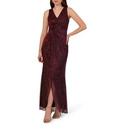 Adrianna Papell Metallic Mesh Faux Wrap Gown with Ruffle Accents - Burgundy Gold