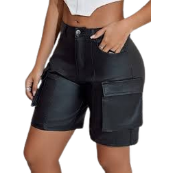 Shein Apperloth A Y2K Street Casual Flap Pocket Seam Detail Bermuda PU Leather Cargo Wide Leg Shorts