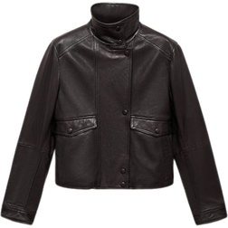 Mango Leather Jacket with Pocket - Brown