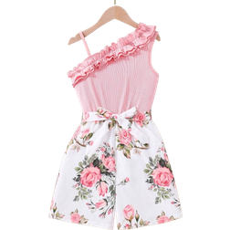 Shein Tween Girl Floral Print Romper With Asymmetric Neckline & Ruffle Trim