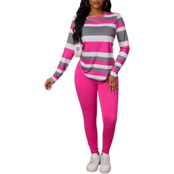 Shein VaVaLuxe Women Striped Crew Neck Long Sleeve Casual T-Shirt And Leggings Two-Piece Set, Autumn