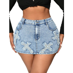 Shein SXY Women's Plus Size Denim Skirt Skinny Mini Skirt Blue Denim Skirt Sexy Party Outing Mini Skirt Halloween Costume