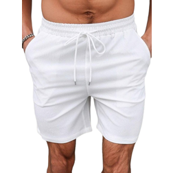 Shein Mens Solid Color Drawstring Elastic Waist Summer Shorts Knee Plain All White Casual Dad And Me