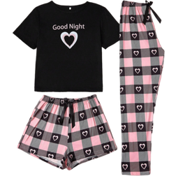 Shein 3 Stücke Set aus Pyjama mit Buchstaben-, Herz- und Karomuster, bestehend aus Rundhals-Kurzarm-T-Shirt, Shorts mit elastischem Bund und Freizeithose, bequeme Nachtwäsche für Damen