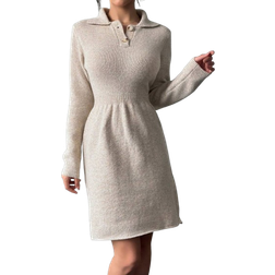 Shein RelaxiSolid Color Knit Winter PoLO Collar Minimalist Long Sleeve Short Dress