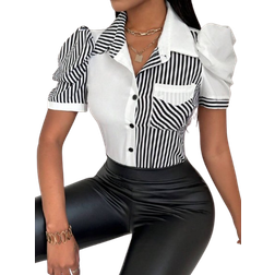 Shein BamGleam Striped Contrast Color Puff Sleeve Shirt,Short Sleeve Tops