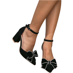Shein Women's pumps with faux suede bow, platform heel, ankle strap in black, Valentine's Day