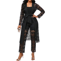 Shein Lady Black Lace Open-Front Long Jacket With Waist Belt & Lace Wide-Leg Pants Set