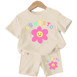 Shein Baby Girl's Casual And Simple Flower Printed Short Sleeve T-Shirt And Shorts Set, Suitable For Summer