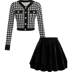 Shein Teen Girls Retro Elegant Houndstooth Cardigan with Metal Buttons and Flared Skirt Set