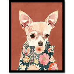 ARTERY8 Chihuahua With Floral Coat Dog Lover Black Framed Art 23.4x32.3cm