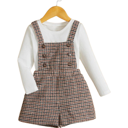 Shein Young Girl Mock Neck Tee & Plaid Print Overall Dress