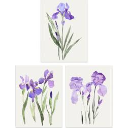 Wee Blue Coo Set of 3 Watercolour Iris Floral Flowers Purple Wall 40.5cm H x 30.5cm W Framed Art