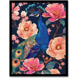 ARTERY8 Peacock Bird with Pink Flower Black Framed Art 23.4x32.3cm