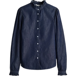 H&M Frill Trimmed Denim Blouse - Dark Denim Blue