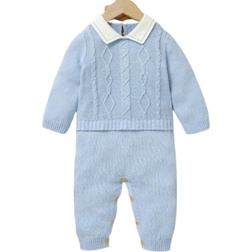 Shein Baby Boy Gentleman Style Casual Romper, Classic Cable Knit Turtleneck Long Sleeve Jumpsuit With Shirt Collar Design, Fashionable And Comfortable, Essential Baby Autumn/Winter Outfit