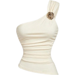 Shein MOD Women's Apricot Color Ruched Hem Gold Brooch Decor One Shoulder Camisole Top, Party Wear,Sparkle Top,New Years Women Outfit