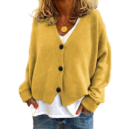 Shein 2024 Fall Winter Black V-Neck Button Front Casual Knit Cardigan Sweater For Women, Suitable For Outer Wear,Long Sleeve Tops