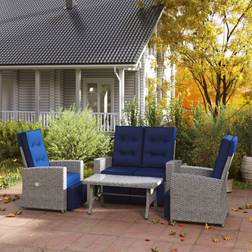 OutSunny 4 Piece Rattan Garden Furniture with Sofa Glass Table Blue Outdoor Lounge Set