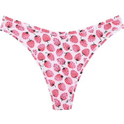 PINK Cotton High Leg Thong Panty - Optic White Strawberry Print