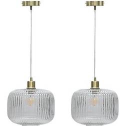 firstchoicelighting Set of 2 Ribbed Glass Satin Brass Ceiling Light Pendant Lamp