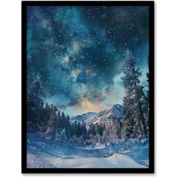 ARTERY8 Night Snow Tranquil Forest Winter Landscape Stars Black Framed Art 30.5x40.6cm