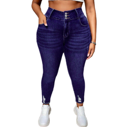 Shein PETITE CURVE Plus Size Women Blue Denim Ripped Skinny Stretch Jeans