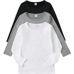 Shein Young Girl Spring And Autumn New Styles, Daily Classic, Casual, Comfortable And Fashionable, Loose Style, Black, White And Gray, Round Neck, Solid Color, Minimalist Style, Long-Sleeved T-Shirt, Suitable For Travel, Dynamic Spring And Autumn